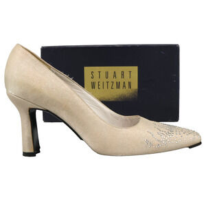 Stuart Weitzman Shoes Womens 8.5 B Beige Fabric Heels Rhinestones Leather Soles